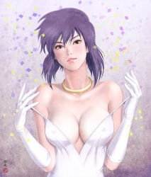 Rule 34 | 1girl, adjusting strap, breasts, cleavage, collarbone, confetti, dress, covered erect nipples, female focus, ghost in the shell, gloves, head tilt, jewelry, kusanagi motoko, large breasts, light smile, lips, looking at viewer, neck ring, parted lips, purple hair, red eyes, short hair, sleeveless, sleeveless dress, solo, strap lift, strap pull, tatsumaru, teeth, undressing, upper body, white dress, white gloves