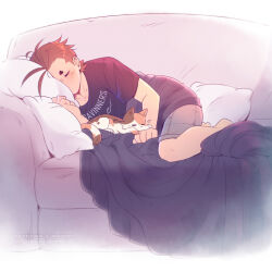 Rule 34 | 1boy, ace attorney, antenna hair, apollo justice, black shirt, blanket, blush, brown hair, calico, cat, closed eyes, couch, grey shorts, hand up, highres, lying, male focus, no mouth, on side, pillow, print shirt, purplesound, shirt, short hair, short sleeves, shorts, sleeping, solo, t-shirt, text print