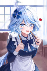 1girl absurdres blue_eyes blue_hair food furina_(genshin_impact) genshin_impact hasom highres light_blue_hair long_hair long_sleeves open_mouth pocky smile solo