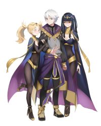 Rule 34 | 1boy, 2girls, black hair, blonde hair, bodystocking, boots, breasts, cape, cosplay, covered navel, crop top, dark mage (fire emblem awakening), dark mage costume, fire emblem, fire emblem awakening, heels, henry (fire emblem), henry (fire emblem) (cosplay), highres, large breasts, lissa (fire emblem), long hair, lovensame, medium breasts, multiple girls, nintendo, pelvic curtain, revealing clothes, robin (fire emblem), robin (male) (fire emblem), short hair, tharja, tharja (cosplay), tharja (fire emblem), tharja (fire emblem) (cosplay), twintails, white hair