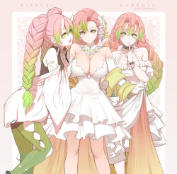 Rule 34 | 3girls, :d, artist name, bare shoulders, black shirt, braid, breasts, chain, character name, cleavage, collar, commentary, detached sleeves, dishwasher1910, dress, earrings, elbow gloves, english commentary, gloves, gradient hair, green eyes, green hair, green legwear, hair between eyes, heart, heart-shaped pupils, hoop earrings, horns, jewelry, kanroji mitsuri, kimetsu no yaiba, large breasts, long hair, mole, mole under eye, multicolored hair, multiple girls, multiple persona, off shoulder, open mouth, parted lips, pink hair, puffy short sleeves, puffy sleeves, ribbed legwear, shirt, short sleeves, sleeveless, sleeveless dress, sleeveless shirt, smile, standing, strapless, strapless dress, symbol-shaped pupils, thighhighs, twin braids, very long hair, white dress, white gloves, white sleeves, wide sleeves, yellow eyes