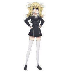 Rule 34 | 10s, 1girl, arimura hinae, black dress, blonde hair, blue eyes, chaos;child, collarbone, dress, full body, hair between eyes, hair ribbon, hands on own hips, long hair, looking at viewer, official art, ribbon, school uniform, short dress, silver link, simple background, solo, standing, thighhighs, twintails, white background, white ribbon, white thighhighs, zettai ryouiki