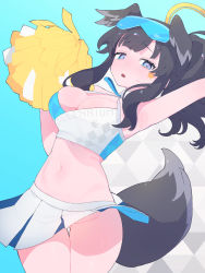 Rule 34 | 1girl, :o, absurdres, animal ears, arm up, black hair, blue archive, blue eyes, blush, breasts, cheerleader, cleavage, clothes writing, crop top, dog ears, dog girl, dog tail, goggles, goggles on head, halo, hibiki (blue archive), hibiki (cheer squad) (blue archive), highres, long hair, midriff, millennium cheerleader outfit (blue archive), miniskirt, no panties, parted lips, pleated skirt, pom pom (cheerleading), ponytail, sab010, sidelocks, simple background, skirt, solo, star (symbol), sticker, sticker on face, sweat, tail