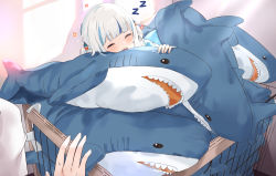 Rule 34 | absurdres, derby (dabidabi), closed eyes, fangs, gawr gura, hair ornament, hand up, highres, hololive, hololive english, ikea shark, out of frame, shark hair ornament, sleeping, stuffed animal, stuffed shark, stuffed toy, twintails, virtual youtuber, white hair, zzz