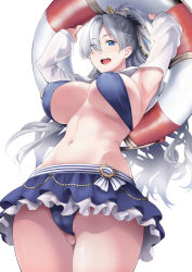 Rule 34 | 1girl, anastasia (fate), anastasia (swimsuit archer) (fate), anastasia (swimsuit archer) (third ascension) (fate), armpits, arms behind head, arms up, bare shoulders, bikini, blue bikini, blue eyes, blue skirt, blush, bow, breasts, cleavage, collarbone, fate/grand order, fate (series), hair bow, hair over one eye, highres, innertube, jewelry, large breasts, long hair, long sleeves, looking at viewer, miniskirt, navel, necklace, open mouth, ponytail, puffy long sleeves, puffy sleeves, silver hair, skirt, smile, soba (saz), solo, swim ring, swimsuit, thighs, very long hair