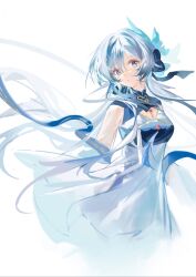 Rule 34 | 1girl, absurdres, arknights, blue bow, blue eyes, blue hair, bow, closed mouth, commentary request, dress, floating hair, grey hair, hair between eyes, hair bow, highres, juweibingbang, long hair, looking at viewer, mulberry (arknights), mulberry (reflection that of the moons) (arknights), multicolored hair, simple background, sleeveless, sleeveless dress, solo, streaked hair, very long hair, white background, white dress