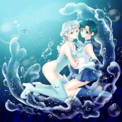 Rule 34 | 2girls, :o, arm grab, bare legs, bare shoulders, beruche (sailor moon), bishoujo senshi sailor moon, blue background, blue eyes, blue footwear, blue hair, blue leotard, blue sailor collar, blue skirt, boots, braid, braided bangs, braided ponytail, breast press, breasts, bubble, choker, colored eyelashes, crescent, crescent facial mark, earrings, elbow gloves, facial mark, female focus, finger to mouth, forehead mark, full body, gloves, highleg, highleg leotard, highres, hug, index finger raised, jewelry, knee boots, kneeling, legs, leotard, light blue boots, light blue hair, light blue leotard, looking at viewer, magical girl, masaki mitsuki, miniskirt, mizuno ami, multiple girls, neck, open mouth, pleated skirt, sailor collar, sailor mercury, shushing, skirt, sleeveless, smile, stud earrings, thigh boots, thighhighs, tiara, water, yuri