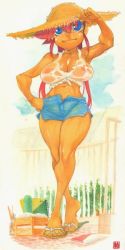 Rule 34 | 1girl, armpits, bare legs, blue eyes, crop top, crossed legs, denim, denim shorts, front-tie top, hand on headwear, hand on own hip, hat, long hair, mamorunokoto, midriff, muscular, navel, open fly, original, petite, red hair, sandals, see-through, shirt, short shorts, shorts, sketchbook, solo, standing, straw hat, thick thighs, thighs, tied shirt, unzipped, watson cross, wet, wet clothes, wet shirt