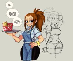 Rule 34 | 1girl, blue eyes, blue shirt, blush, breasts, brown hair, chicken nuggets, collared shirt, commentary, crop top, diner dash, ear piercing, english commentary, flo (diner dash), food, french fries, half-closed eyes, hand on own hip, ink (ink01 ), looking at viewer, medium breasts, midriff, multiple views, navel, piercing, ponytail, shirt, sketch, smile, speech bubble, thick thighs, thighs