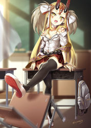 Rule 34 | 1girl, alternate costume, backpack, bag, bare shoulders, black thighhighs, blonde hair, blurry, blurry background, camisole, chair, chalkboard, commentary request, curtains, depth of field, desk, earrings, facial mark, fate/grand order, fate (series), forehead mark, head tilt, highres, horns, ibaraki douji (fate), indoors, jewelry, long hair, off shoulder, on desk, oni horns, open mouth, plaid, plaid skirt, pleated skirt, red skirt, school chair, school desk, shirt, shoes, sitting, on desk, skirt, solo, strap slip, thighhighs, tyone, uwabaki, very long hair, white camisole, white footwear, white shirt, yellow eyes