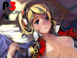 Rule 34 | 1girl, aegis (persona), alphonse (white datura), atlus, bed sheet, breasts, headphones, lying, nipples, on back, open clothes, open shirt, persona, persona 3, sheet grab, shirt, solo, tears