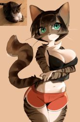 Rule 34 | 1girl, :/, absurdres, animal ears, animal hands, artist name, black fur, black hair, black shirt, blunt bangs, bob cut, breasts, brown fur, cat ears, cat girl, cat tail, claws, cleavage, closed mouth, cowboy shot, crop top, crossed arms, dated, dolphin shorts, female focus, freckles, furry, furry female, green eyes, highres, large breasts, looking at viewer, midriff, multicolored fur, navel, orange background, original, personification, photo-referenced, red shorts, reference inset, shirt, short hair, short shorts, shorts, side slit, sidelocks, signature, simple background, skindentation, sleeveless, sleeveless shirt, solo, spaghetti strap, standing, stomach, striped fur, striped tail, tail, tail raised, thighs, whiskers, white fur, wide hips, yuio58ok