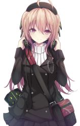 Rule 34 | 1girl, ahoge, bag, black hat, black jacket, blush, brown bag, commentary, english commentary, hair between eyes, hat, headphones, highres, jacket, long sleeves, looking at viewer, medium hair, original, simple background, smile, solo, stratozpherez, sweater, twintails, upper body, white background, white sweater