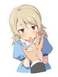 Rule 34 | 1boy, 1girl, bad id, bad pixiv id, blue dress, blush, brown eyes, brown hair, collared dress, disembodied hand, dress, finger sucking, hair between eyes, hand grab, idolmaster, idolmaster cinderella girls, long hair, long sleeves, looking at viewer, morikubo nono, out of frame, puffy short sleeves, puffy sleeves, ringlets, short sleeves, simple background, solo focus, sweat, uccow, white background