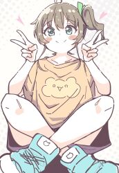 Rule 34 | 1girl, absurdres, ahoge, blue footwear, blush stickers, brown hair, brown shirt, closed mouth, collarbone, commentary, crossed legs, double v, green eyes, hair between eyes, halftone, halftone background, hands up, heart, highres, hololive, looking at viewer, natsuiro matsuri, okota mikan, purple skirt, shirt, shoes, short sleeves, side ponytail, sitting, skirt, smile, solo, symbol-only commentary, v, virtual youtuber, white background