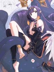 Rule 34 | 1girl, asymmetrical gloves, bare shoulders, barefoot, black dress, black gloves, black thighhighs, blue eyes, blunt bangs, commentary request, detached leggings, dress, elbow gloves, gloves, heart, highres, hololive, hololive english, long hair, looking at viewer, ninomae ina&#039;nis, pointy ears, purple hair, shoes, unworn shoes, single elbow glove, single thighhigh, spoken heart, tallgeese (lgeesel), tentacles, thighhighs, uneven gloves, very long hair, virtual youtuber