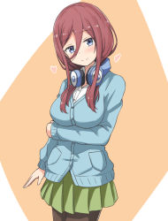 Rule 34 | 1girl, aikawa ryou, arm under breasts, blue cardigan, blue eyes, blush, breast hold, breasts, brown background, brown hair, brown pantyhose, cardigan, closed mouth, commentary request, cowboy shot, go-toubun no hanayome, green skirt, hair between eyes, head tilt, headphones, headphones around neck, heart, highres, long hair, looking at viewer, medium breasts, nakano miku, pantyhose, pleated skirt, skirt, smile, solo, two-tone background, white background