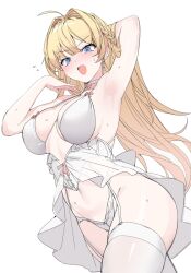 Rule 34 | 1girl, absurdres, ahoge, arm behind head, arm up, armpits, blonde hair, blue eyes, blush, braid, breasts, character request, cleavage, flying sweatdrops, garter straps, hair between eyes, hair intakes, highres, large breasts, long hair, looking at viewer, mendou kusai, navel, one-piece swimsuit, open mouth, original, simple background, solo, sweat, swimsuit, thighhighs, white background, white one-piece swimsuit, white thighhighs