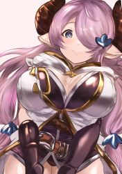 Rule 34 | 1girl, absurdres, asymmetrical gloves, belt, black gloves, black panties, blue eyes, blush, breasts, breasts apart, bright pupils, cleavage, elbow gloves, gloves, granblue fantasy, hair ornament, hair over one eye, hairclip, highres, horns, large breasts, long hair, looking at viewer, low-tied long hair, maou (maoudaisukiya), mismatched gloves, narmaya (granblue fantasy), open clothes, panties, pointy ears, purple hair, smile, solo, underwear, v arms, very long hair, white background