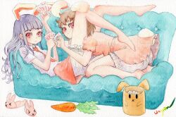 Rule 34 | &gt; &lt;, 2girls, :&lt;, :x, animal ears, animal slippers, barefoot, between legs, bloomers, blunt bangs, brown hair, card, carrot, closed mouth, commentary request, couch, dress, full body, head between thighs, holding, holding card, inaba tewi, legs, legs up, long hair, looking at viewer, lying, medium hair, multiple girls, necktie, on back, painting (medium), pink dress, playing card, playing games, puffy short sleeves, puffy sleeves, purple hair, rabbit ears, rabbit girl, rabbit tail, red eyes, red necktie, red skirt, reisen udongein inaba, shirt, short sleeves, signature, skirt, slippers, unworn slippers, tail, touhou, traditional media, underwear, uryan!, watercolor (medium), white background, white shirt, wing collar, yuri