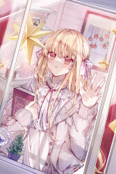 1girl absurdres blonde_hair book christmas_ornaments dress frilled_dress frills hair_between_eyes hair_ornament hair_ribbon hand_on_window highres holding holding_book indoors jacket lamp long_hair long_sleeves merry_christmas nagihaha open_clothes open_jacket open_mouth original painting_(object) pink_jacket ribbon snow solo star_(symbol) straight_hair white_dress