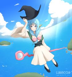 Rule 34 | 1girl, arm up, artist name, bare shoulders, bird, black footwear, blue eyes, blue hair, blue sky, blush, breasts, closed mouth, cloud, cloudy sky, collarbone, commentary, day, flying, front ponytail, hair between breasts, hat, hat tip, headgear, holding, holding clothes, holding hat, island, long hair, long sleeves, looking to the side, lunacchi, magi the labyrinth of magic, medium breasts, ocean, off shoulder, robe, sash, seashell, shell, shell bikini, shoes, sitting, sky, smile, solo, staff, staff riding, sunlight, white robe, wide sleeves, witch hat, yamuraiha