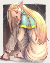 Rule 34 | 1girl, absurdres, artist name, blonde hair, blue capelet, blurry, blurry background, blush, brown background, capelet, closed mouth, commentary, dungeon meshi, elf, foot out of frame, from behind, frown, green eyes, hair behind ear, hair down, hand up, highres, hood, hood down, hooded capelet, knees up, long hair, long sleeves, looking at viewer, looking back, marcille donato, outside border, pajamas, pants, pointy ears, ra torens, sandals, sitting, solo, white pants