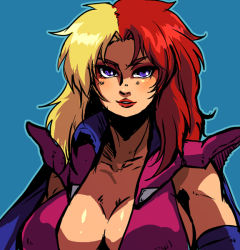 Rule 34 | 1girl, bad id, bad pixiv id, blonde hair, blue eyes, blush, breasts, center opening, chara soon, cleavage, elbow gloves, eyeshadow, gloves, gundam, gundam zz, large breasts, lips, lipstick, long hair, makeup, multicolored hair, no bra, osomo (hachilow), red hair, shoulder pads, smile, solo, split-color hair, two-tone hair