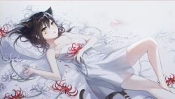 Rule 34 | 1girl, animal ear fluff, animal ears, black hair, breasts, cat ears, cat girl, cat tail, collarbone, commission, dress, flower, long hair, looking at viewer, lying, on back, open mouth, original, pillow, small breasts, solo, spider lily, tail, white dress, white flower, white spider lily, yampa, yellow eyes