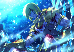 Rule 34 | 1boy, armor, black (artist), blonde hair, blood, blood from mouth, blood on face, dying, earrings, fate/grand order, fate (series), green eyes, hand on own knee, injury, jason (fate), jewelry, male focus, official art, shards, shoulder armor, smile