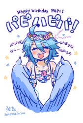 Rule 34 | 10s, 1girl, :d, ahoge, blue hair, blue wings, character name, closed eyes, feathered wings, happy birthday, harpy, monster girl, monster musume no iru nichijou, open mouth, papi (monster musume), shake-o, smile, solo, translation request, twitter username, winged arms, wings