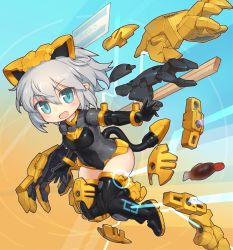 Rule 34 | 1girl, aqua hair, blush, boots, breasts, cable, chibi, derivative work, floating hair, grey hair, hair behind ear, joints, leotard, looking at viewer, mecha musume, model kit, open hand, open hands, pointy ears, richetta (30ms), robot joints, sankuma, science fiction, short hair, small breasts, smile, solo, thigh boots, thighhighs, thirty minutes sisters
