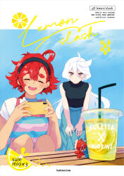 Rule 34 | 2girls, :d, absurdres, ahoge, black hairband, black shirt, blue skirt, blue sky, brown eyes, cellphone, character name, closed eyes, cover, cover page, cup, day, disposable cup, drink, drinking straw, facing viewer, food, fruit, gundam, gundam suisei no majo, hair between eyes, hairband, hands on own legs, highres, holding, holding phone, knees to chest, leaning forward, lemon, lemon slice, lemonade, letterboxed, long hair, long skirt, looking at viewer, miorine rembran, multiple girls, open mouth, outdoors, phone, pleated skirt, red hair, shirt, sidelocks, sitting, skirt, sky, sleeveless, sleeveless shirt, smartphone, smile, straight hair, striped clothes, striped shirt, suletta mercury, table, teeth, upper teeth only, watanuki (enu), white hair