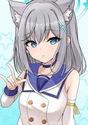 Rule 34 | 1girl, :o, animal ear fluff, animal ears, bare shoulders, blue archive, blue background, blue choker, blue eyes, blue sailor collar, breasts, choker, collarbone, commentary request, detached sleeves, fox shadow puppet, grey hair, hair between eyes, halo, hand up, highres, long hair, long sleeves, looking at viewer, mitsumine raimu, parted lips, sailor collar, shiroko (blue archive), shirt, sleeveless, sleeveless shirt, small breasts, solo, star (symbol), starry background, upper body, white shirt, white sleeves