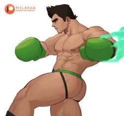 Rule 34 | 1boy, abs, artist name, ass, bara, boxer, boxing gloves, feet out of frame, from side, green eyes, green male underwear, helbai, highres, jockstrap, large pectorals, little mac, male focus, male underwear, multicolored clothes, multicolored male underwear, multicolored underwear, muscular, muscular male, navel hair, nintendo, nipples, paid reward available, pectorals, profile, punch-out!!, short hair, sideburns, simple background, solo, spiked hair, stomach, super smash bros., thick thighs, thighs, underwear, underwear only, white background