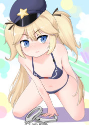 Rule 34 | 1girl, absurdres, arm behind back, bad id, bad pixiv id, bare arms, bare legs, bare shoulders, bikini, blue bikini, blue hat, blush, cuffs, female focus, flat chest, full body, girls&#039; frontline, hair between eyes, hair ribbon, handcuffs, hat, highres, long hair, looking at viewer, note2000, peaked cap, police hat, ribbon, solo, super-shorty (girls&#039; frontline), swimsuit, tareme, tongue, tongue out, twintails, two side up, v-shaped eyebrows, very long hair
