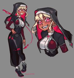 Rule 34 | 1girl, althea (bumblesteak), artist name, blonde hair, blush, breasts, bumblesteak, dark-skinned female, dark skin, detached sleeves, grey background, highres, large breasts, long hair, looking at viewer, nose, nun, open mouth, original, shoes, short hair, simple background, solo, vial