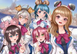 Rule 34 | 5girls, ahoge, aizawa kazuha, amusement park, animal ears, aqua eyes, assault lily, black hairband, black shirt, blue eyes, blue hair, blue skirt, blurry, blurry background, blush, bow, bowtie, breasts, brown bow, brown hair, brown hairband, building, buttons, closed mouth, collarbone, commentary request, day, disneyland, dog ears, fake animal ears, fujii ayaka, green eyes, grey eyes, grey hair, hair between eyes, hair bow, hair ornament, hairband, hairclip, hand up, hands up, hatsukano you, herensuge girls academy school uniform, high-waist skirt, highres, iijima renka, imai tomohiro, ishitobi erika, jacket, jewelry, long bangs, long hair, long sleeves, looking at viewer, low ponytail, medium breasts, medium hair, mickey mouse ears, mimura haruka, minnie mouse ears, multiple girls, natsume aimi, nonaka mio, open clothes, open jacket, open mouth, outdoors, pink bow, pink bowtie, pink hairband, ponytail, reaching, reaching towards viewer, red hair, ring, sasaki ran, school uniform, selfie, serizawa chikaru, ship, shirt, side ponytail, sidelocks, skirt, sleeves past fingers, sleeves past wrists, smile, standing, star (symbol), star hair ornament, v, voice actor connection, volcano, watercraft, white bow, white hairband, white jacket, yellow eyes