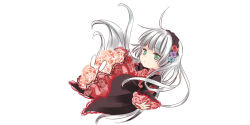 Rule 34 | 1girl, absurdly long hair, amano sakuya, blunt bangs, chibi, closed mouth, dot mouth, dot nose, dress, falling, floating hair, frilled dress, frills, gosick, gosick red, green eyes, grey hair, hairband, lolita fashion, lolita hairband, long hair, looking away, red dress, simple background, solo, very long hair, victorica de blois, white background