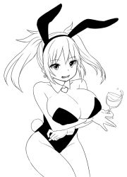Rule 34 | 1girl, breast hold, breasts, cleavage, covered erect nipples, female focus, greyscale, large breasts, monochrome, playboy bunny, simple background, solo, white background, zaxwu