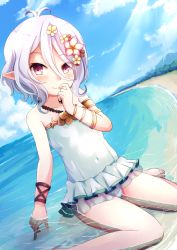 Rule 34 | 1girl, absurdres, antenna hair, beach, blue sky, bracelet, cloud, cloudy sky, commentary request, flower, grey eyes, hair between eyes, hair flower, hair ornament, highres, horizon, jewelry, kokkoro (princess connect!), kokkoro (summer) (princess connect!), looking at viewer, nyxerebos, ocean, one-piece swimsuit, pointy ears, princess connect!, short hair, sidelocks, sitting, sky, smile, solo, split mouth, swimsuit, wariza, white hair, white one-piece swimsuit