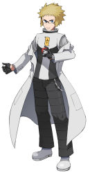 Rule 34 | 1boy, alternate costume, black pants, blonde hair, blue eyes, chain, closed mouth, commentary request, creatures (company), full body, game freak, glasses, gloves, holding, holding poke ball, lab coat, logo, long sleeves, looking to the side, male focus, nintendo, pants, poke ball, poke ball (basic), pokemon, pokemon dppt, shoes, solo, spiked hair, standing, team galactic uniform, tsukumo (shiro bnal), vest, volkner (pokemon)