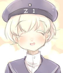 Rule 34 | 10s, 1girl, bad id, bad pixiv id, blonde hair, blush, clothes writing, colored eyelashes, hat, kantai collection, open mouth, sailor collar, sailor hat, short hair, smile, solo, u-non (annon&#039;an), upper body, colored eyelashes, white hair, z1 leberecht maass (kancolle)
