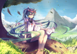 Rule 34 | 1girl, animal ears, black skirt, blue eyes, cat, cat ears, collarbone, closed eyes, green hair, hair ornament, hatsune miku, long hair, mountain, outdoors, pink ribbon, pleated skirt, ribbon, school uniform, sitting, skirt, smile, solo, tree, twintails, vocaloid, white cat, xiaosan ye
