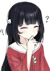 Rule 34 | 1girl, ?, absurdres, black hair, closed eyes, copyright request, facing viewer, hair ornament, hand up, highres, long hair, one side up, parted lips, red shirt, sailor collar, shirt, skull hair ornament, solo, syhan, very long hair, virtual youtuber, white sailor collar