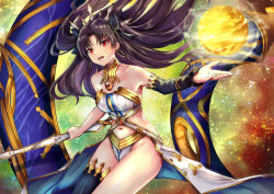 Rule 34 | 1girl, asymmetrical legwear, asymmetrical sleeves, black hair, crown, detached collar, earrings, elbow gloves, fate/grand order, fate (series), gloves, heavenly boat maanna, hoop earrings, ishtar (fate), ishtar (fate), jewelry, kelinch1, long hair, neck ring, orb, red eyes, single elbow glove, single thighhigh, solo, thighhighs, tohsaka rin, two side up, uneven legwear, uneven sleeves, weapon