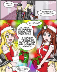 Rule 34 | 10s, 2016, 4girls, ?, ^^^, ^ ^, admiral paru, ahoge, alternate costume, artist name, bismarck (kancolle), blonde hair, blue eyes, box, breast pocket, breasts, brown gloves, brown hair, christmas, cleavage, closed eyes, closed mouth, comic, dated, door, dress, english text, female focus, fingerless gloves, gift, gift box, gloves, grey hat, hallway, hat, holding, holding gift, indoors, iowa (kancolle), kantai collection, large breasts, medium breasts, military, military uniform, multiple girls, navel, peaked cap, pocket, prinz eugen (kancolle), red gloves, red hat, santa costume, santa hat, saratoga (kancolle), side ponytail, sketch, skirt, sleeveless, smile, speech bubble, star-shaped pupils, star (symbol), stomach, sweatdrop, symbol-shaped pupils, talking, text focus, uniform, upper body