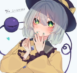 Rule 34 | 1girl, absurdres, aqua nails, bad id, bad pixiv id, black hat, blouse, blush, bright pupils, buttons, closed mouth, diamond button, eyeball, frilled shirt collar, frilled sleeves, frills, frown, godouyu (neisukun), green eyes, grey hair, hair between eyes, hand on own face, hands up, hat, heart, heart of string, highres, koishi day, komeiji koishi, long sleeves, medium hair, nail polish, shirt, solo, third eye, touhou, upper body, wavy hair, wide sleeves, yellow shirt