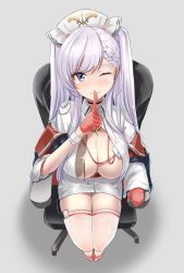 Rule 34 | 1girl, absurdres, azur lane, belfast (azur lane), blush, braid, breasts, center opening, chair, cleavage, commentary request, cosplay, finger to mouth, gloves, half gloves, hat, highres, id card, lanyard, large breasts, marumai, nurse, nurse cap, one eye closed, perseus (azur lane), perseus (azur lane) (cosplay), perseus (unfamiliar duties) (azur lane), pink gloves, purple eyes, silver hair, smile, thighhighs, white headwear, white thighhighs, zipper, zipper pull tab