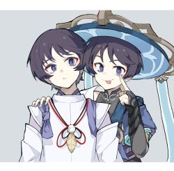 Rule 34 | 2boys, :p, akanbe, black hair, bridal gauntlets, eyelid pull, feather necklace, genshin impact, grey background, hand on another&#039;s shoulder, hat, highres, japanese clothes, jewelry, long wind, looking at viewer, male focus, multiple boys, necklace, purple eyes, scaramouche (genshin impact), short hair, simple background, time paradox, tongue, tongue out, upper body, wanderer (genshin impact)